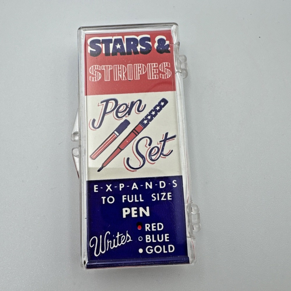 Vintage Stars & Stripes Pen Set Expands Full size Plastic‎ Case US 70s New J60